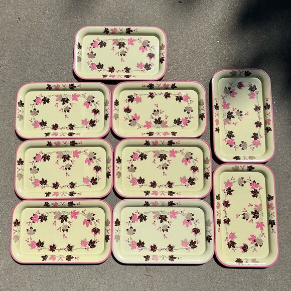 Vintage 60s MCM pink cream maple leaf serving tray lap tray tv tray set of 9 - Picture 1 of 7